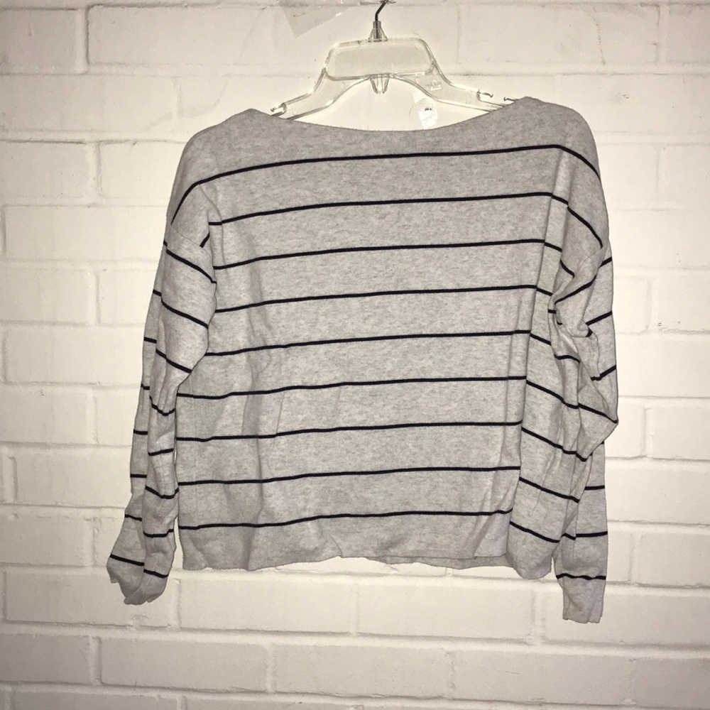 boat neck gray and navy striped sweater